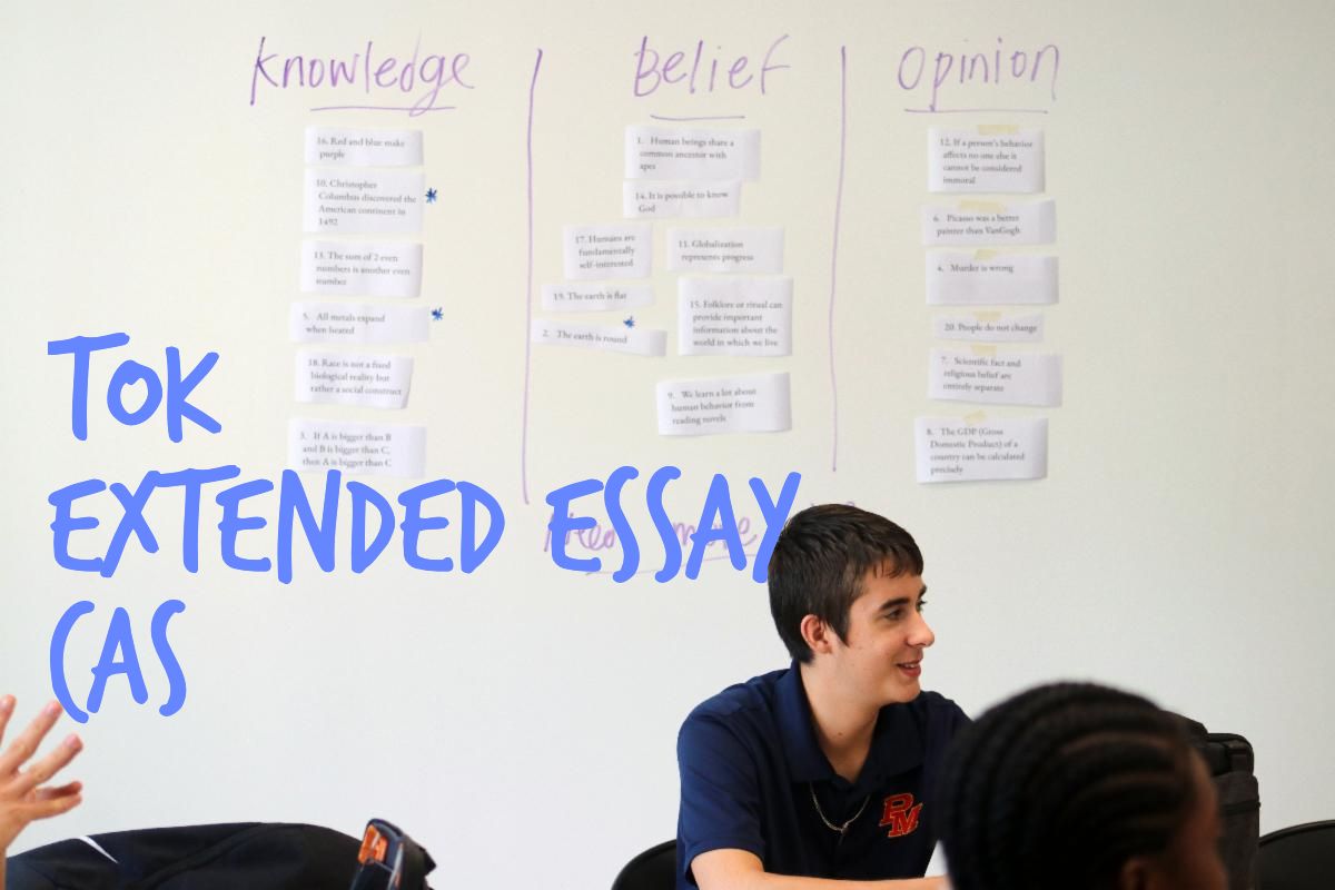 Image of student in TOK Classroom. Text on Image says TOK Extended Essay CAS